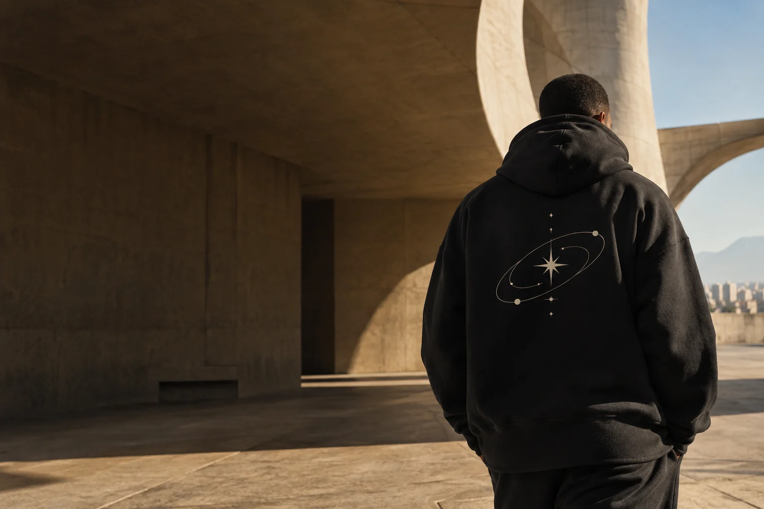 Zwarte hoodie met orbit-ontwerp in een stedelijke omgeving
